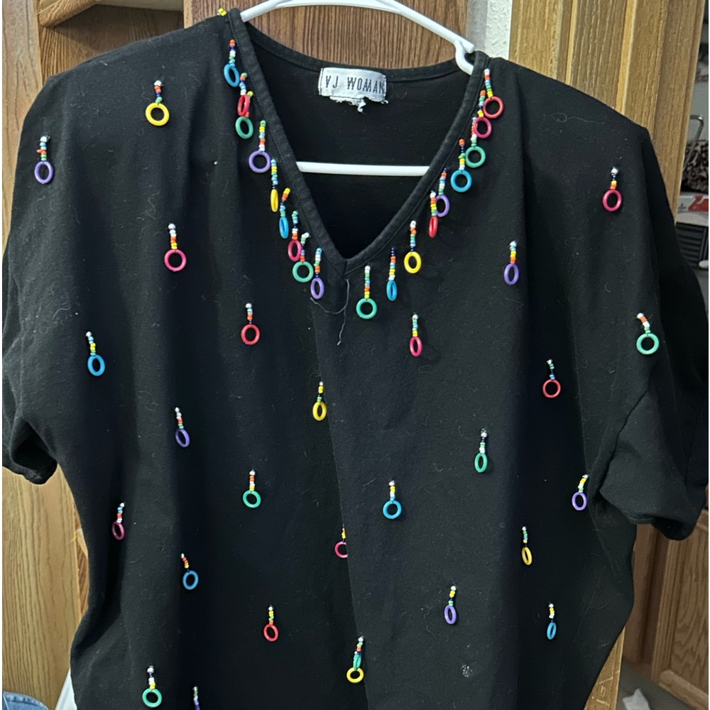 Women’s vintage top. Black top with rainbow colored beads